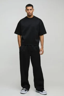 Sale boohooMAN Oversized Boxy Bonded Scuba T-Shirt & Stacked Jogger Tracksuit black