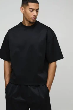Sale boohooMAN Oversized Boxy Bonded Scuba T-Shirt & Stacked Jogger Tracksuit black