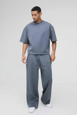New boohooMAN Oversized Boxy Bonded Scuba T-Shirt & Stacked Jogger Tracksuit slate