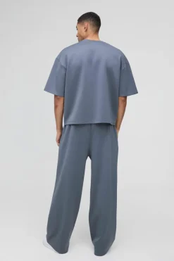 New boohooMAN Oversized Boxy Bonded Scuba T-Shirt & Stacked Jogger Tracksuit slate