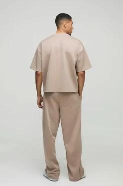 Best boohooMAN Oversized Boxy Bonded Scuba T-Shirt & Stacked Jogger Tracksuit taupe