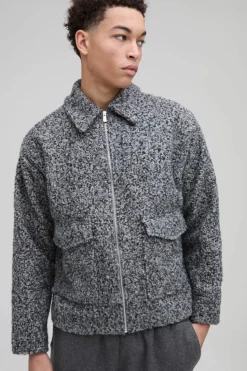 Flash Sale boohooMAN Oversized Boxy Boucle Harrington Jacket grey