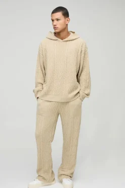 Hot boohooMAN Oversized Boxy Boucle Mixed Cable Knitted Hooded Tracksuit stone