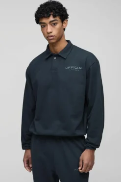New boohooMAN Oversized Boxy Bound Hem Rugby Sweatshirt charcoal