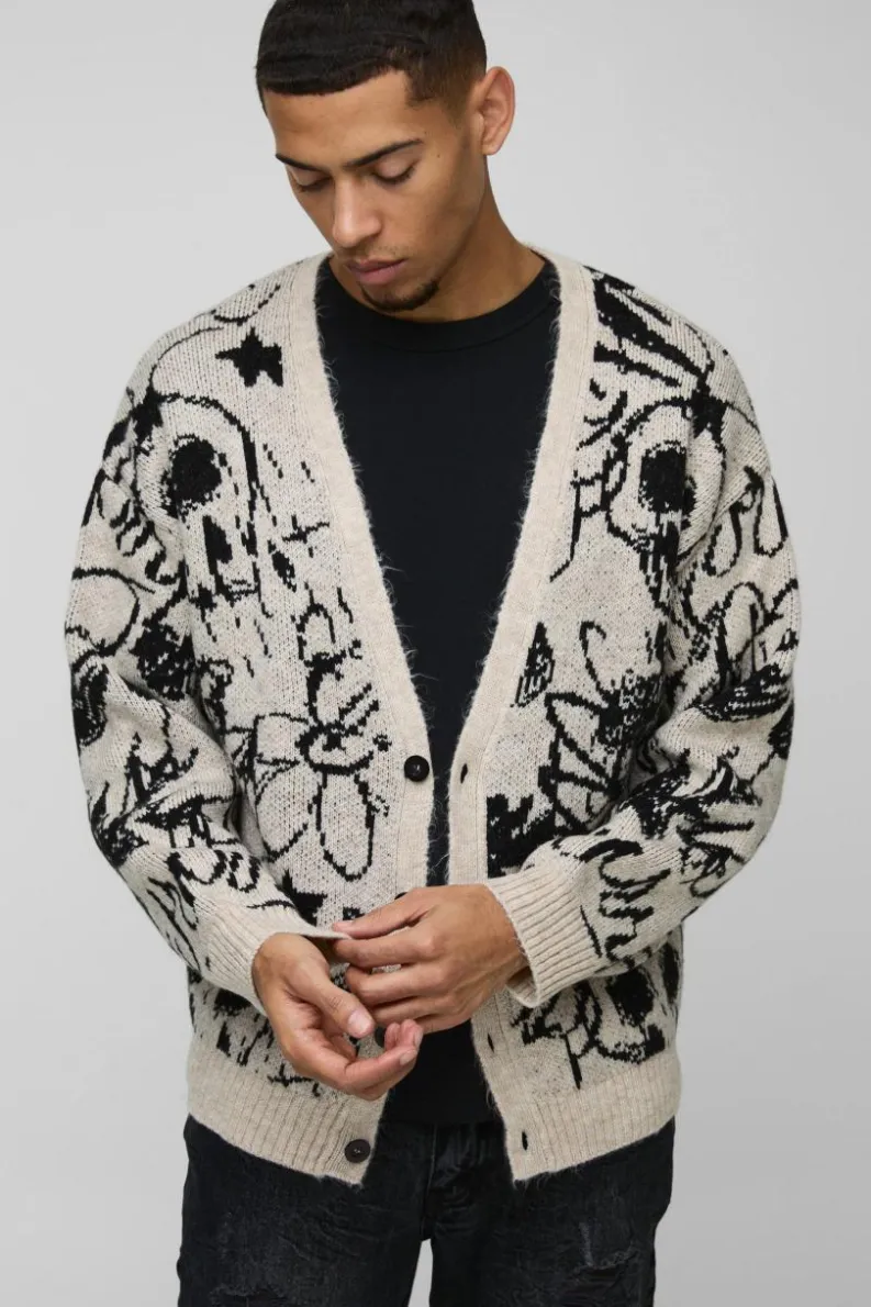 Online boohooMAN Oversized Boxy Brushed All Over Jacquard knitted Cardigan ecru
