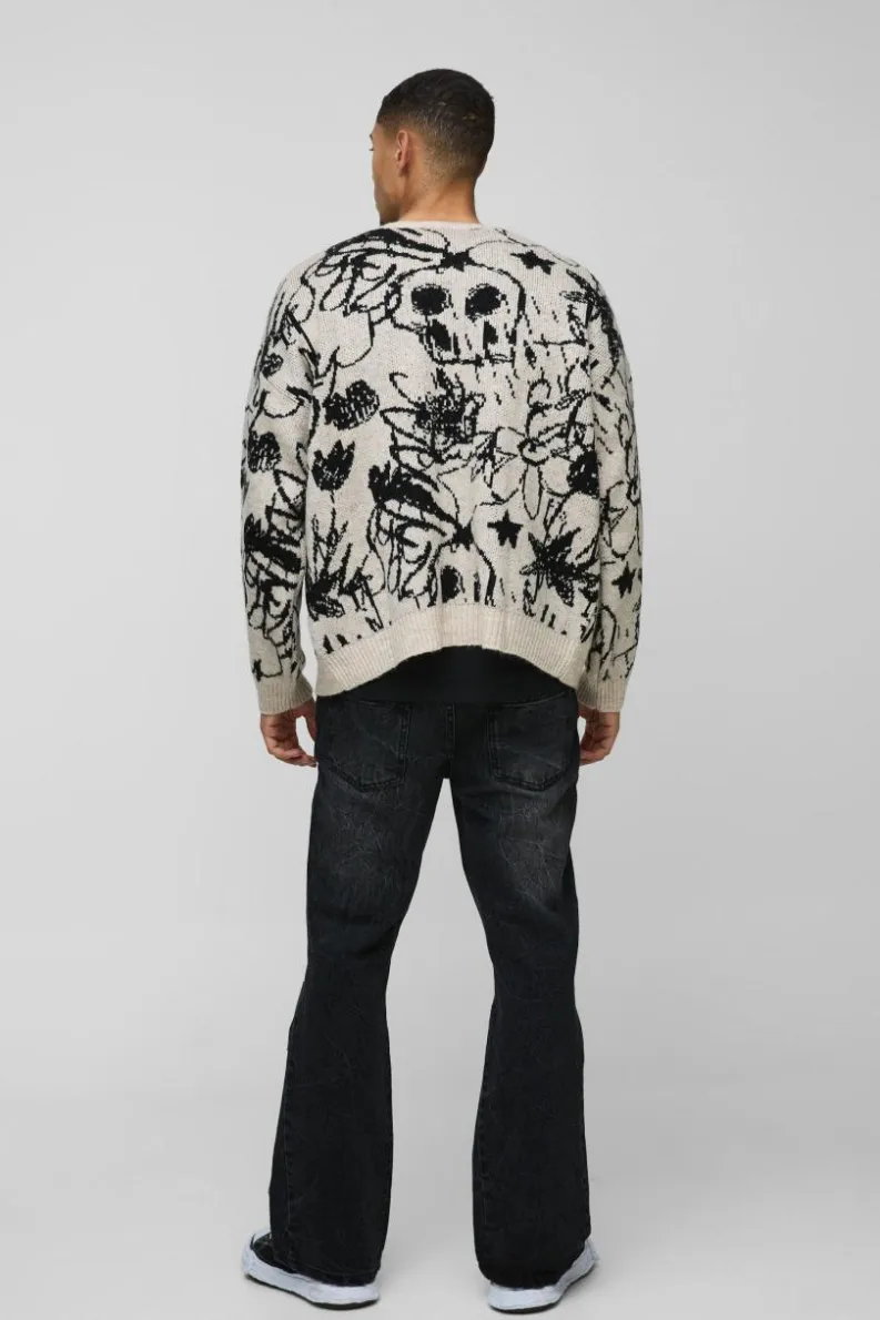 Online boohooMAN Oversized Boxy Brushed All Over Jacquard knitted Cardigan ecru