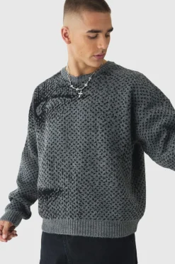Hot boohooMAN Oversized Boxy Brushed Face All Over Jacquard Jumper charcoal