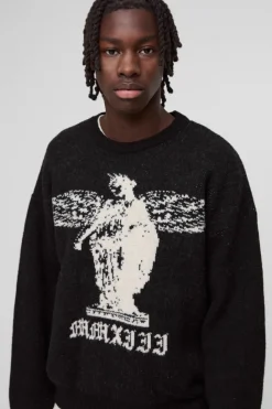 Hot boohooMAN Oversized Boxy Brushed Gothic Graphic Knitted Jumper black