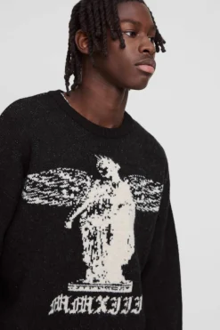 Hot boohooMAN Oversized Boxy Brushed Gothic Graphic Knitted Jumper black