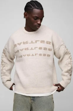 Clearance boohooMAN Oversized Boxy Brushed Heartless Graphic Knitted Jumper stone
