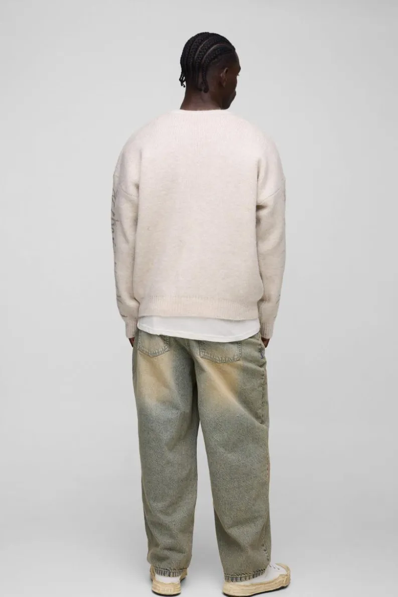 Clearance boohooMAN Oversized Boxy Brushed Heartless Graphic Knitted Jumper stone