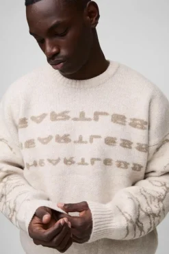Clearance boohooMAN Oversized Boxy Brushed Heartless Graphic Knitted Jumper stone