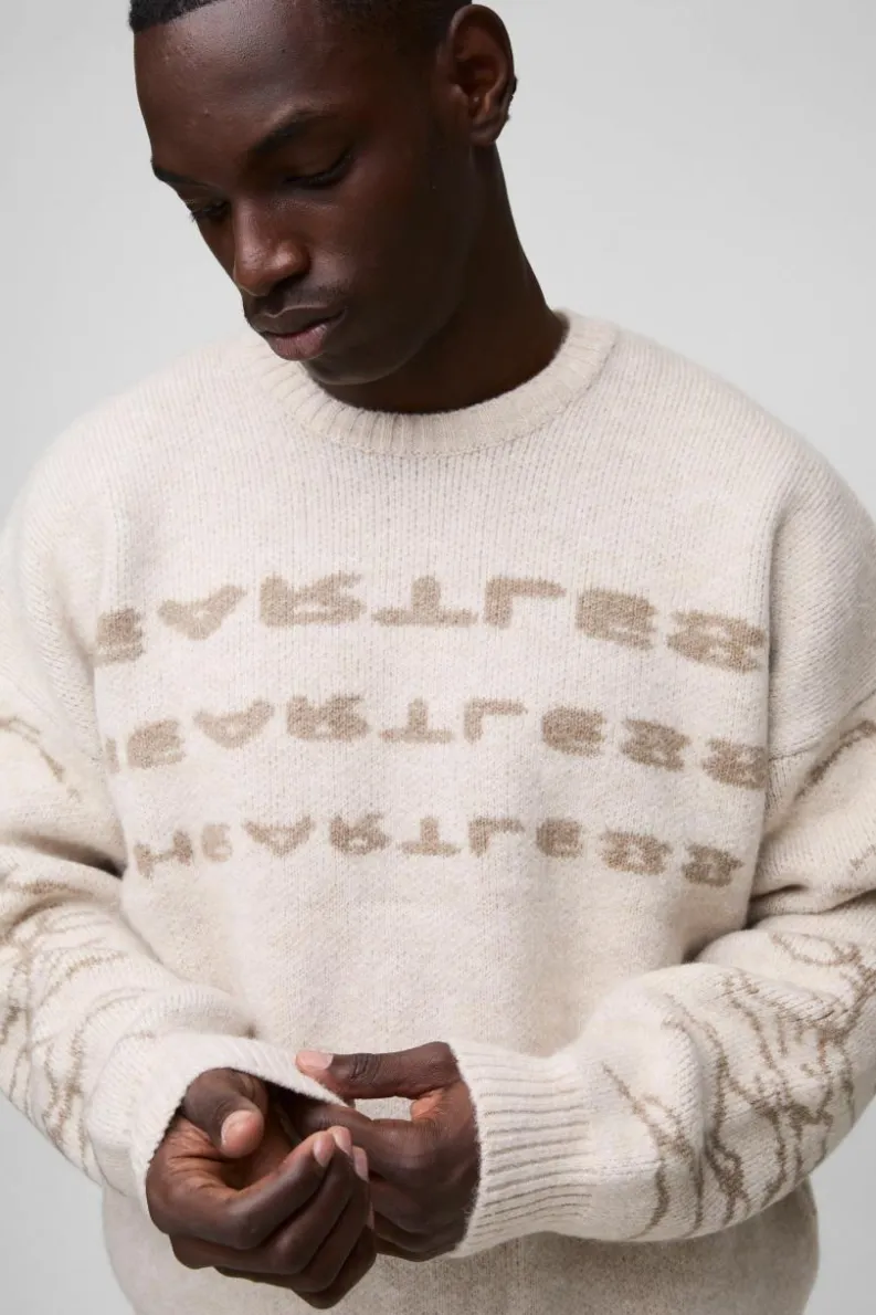 Clearance boohooMAN Oversized Boxy Brushed Heartless Graphic Knitted Jumper stone