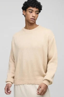 Discount boohooMAN Oversized Boxy Brushed Knitted Jumper sand