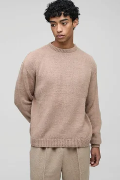 Discount boohooMAN Oversized Boxy Brushed Knitted Jumper stone