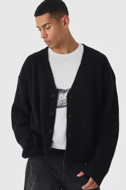 Sale boohooMAN Oversized Boxy Brushed Knitted Cardigan black