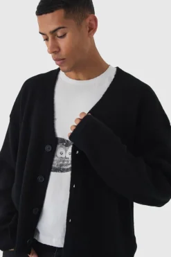 Sale boohooMAN Oversized Boxy Brushed Knitted Cardigan black