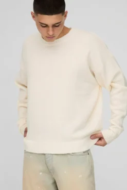 Outlet boohooMAN Oversized Boxy Brushed Knitted Jumper ecru