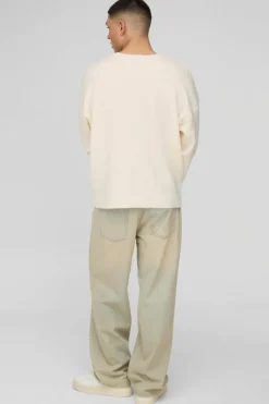 Outlet boohooMAN Oversized Boxy Brushed Knitted Jumper ecru