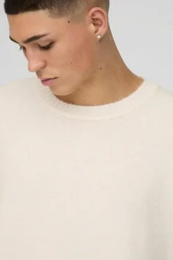 Outlet boohooMAN Oversized Boxy Brushed Knitted Jumper ecru