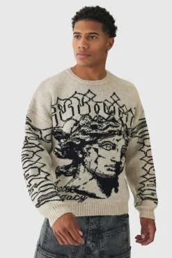 New boohooMAN Oversized Boxy Brushed Mono Renaissance Knitted Jumper ecru