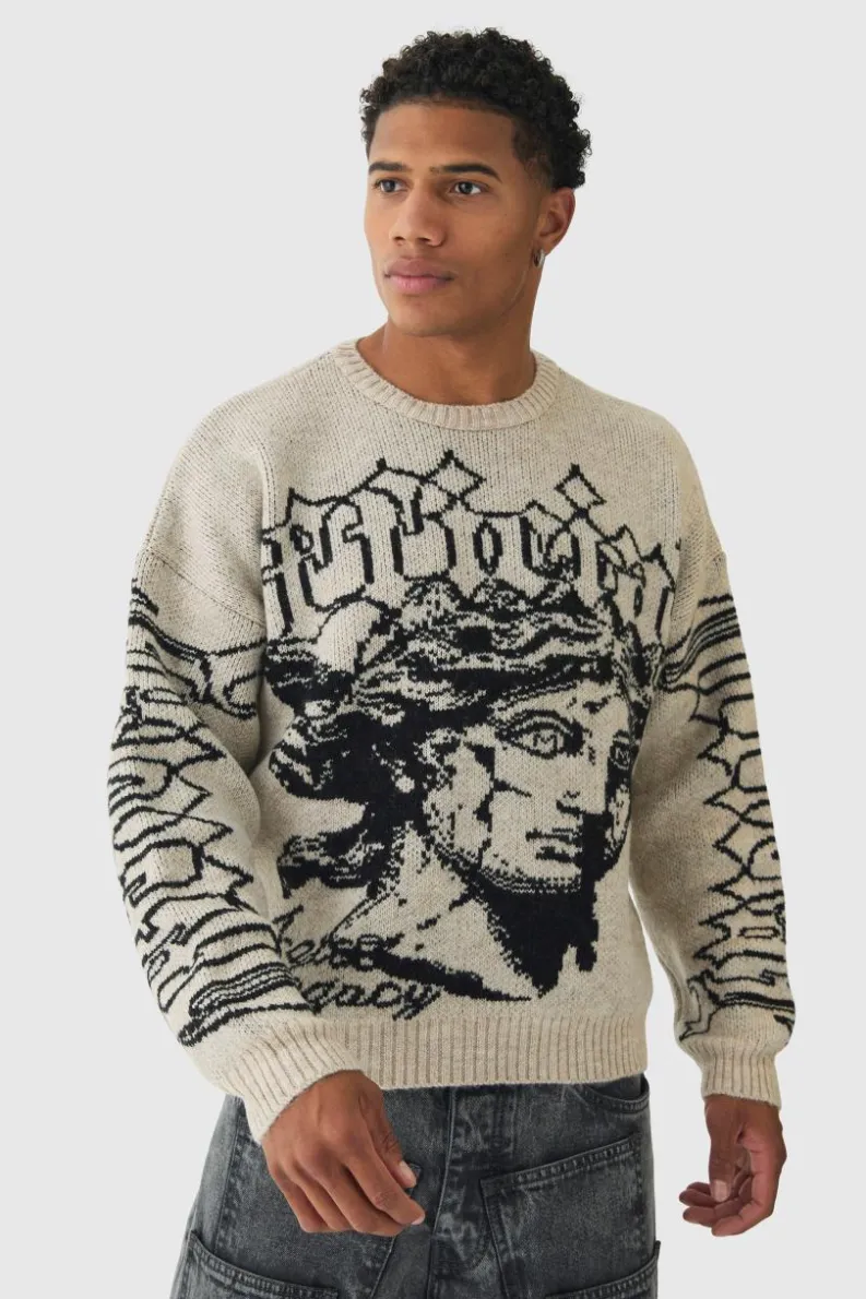New boohooMAN Oversized Boxy Brushed Mono Renaissance Knitted Jumper ecru