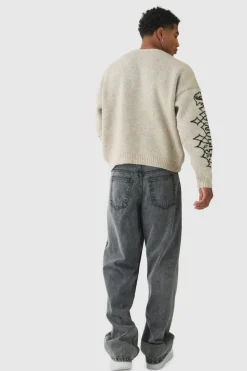 New boohooMAN Oversized Boxy Brushed Mono Renaissance Knitted Jumper ecru