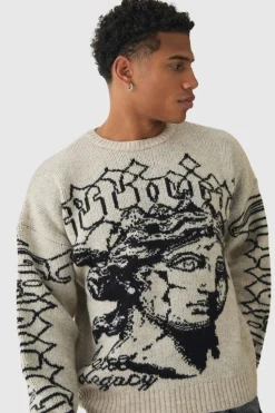 New boohooMAN Oversized Boxy Brushed Mono Renaissance Knitted Jumper ecru