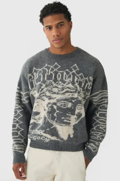 Discount boohooMAN Oversized Boxy Brushed Mono Renaissance Knitted Jumper charcoal