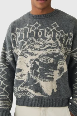 Discount boohooMAN Oversized Boxy Brushed Mono Renaissance Knitted Jumper charcoal