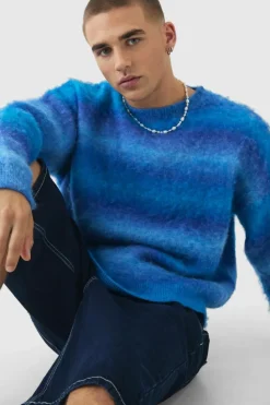 Online boohooMAN Oversized Boxy Brushed Ombre Knitted Jumper cobalt