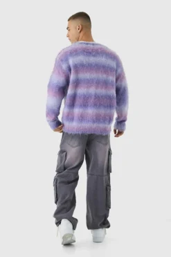 Best boohooMAN Oversized Boxy Brushed Ombre Stripe Knitted Cardigan purple