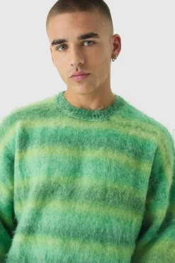 Store boohooMAN Oversized Boxy Brushed Ombre Stripe Knitted Jumper green