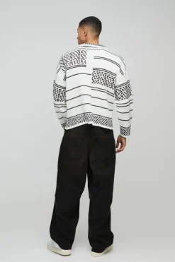 Best boohooMAN Oversized Boxy Brushed Patterned Knitted Polo Jumper white