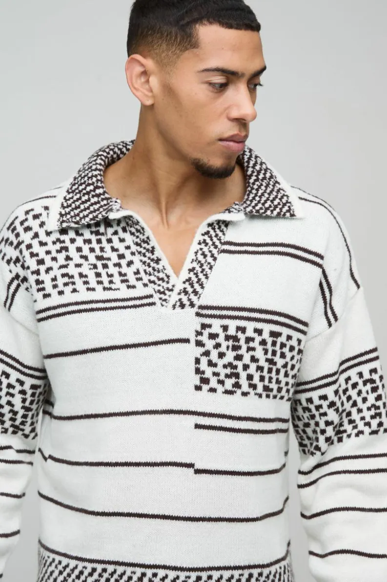 Best boohooMAN Oversized Boxy Brushed Patterned Knitted Polo Jumper white