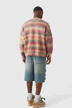 Online boohooMAN Oversized Boxy Brushed Stripe Knitted Cardigan red