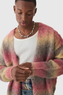Online boohooMAN Oversized Boxy Brushed Stripe Knitted Cardigan red