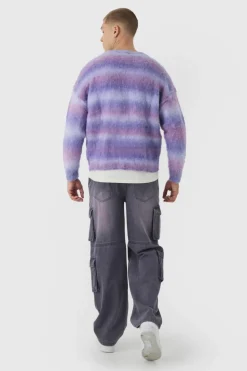 Fashion boohooMAN Oversized Boxy Brushed Stripe Knitted Jumper purple