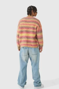 Fashion boohooMAN Oversized Boxy Brushed Stripe Knitted Jumper red