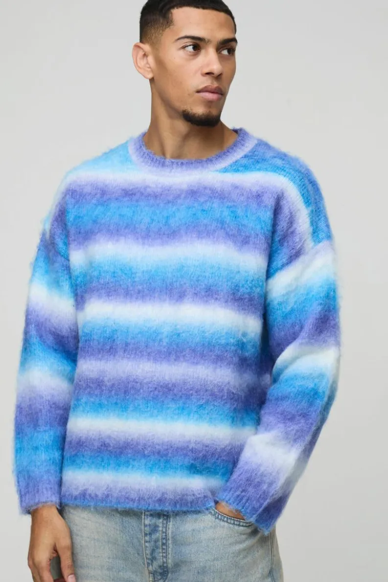 Store boohooMAN Oversized Boxy Brushed Stripe Knitted Jumper blue