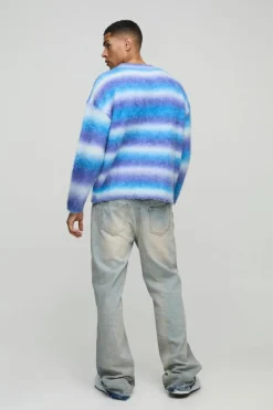 Store boohooMAN Oversized Boxy Brushed Stripe Knitted Jumper blue