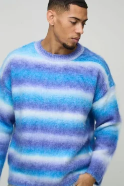 Store boohooMAN Oversized Boxy Brushed Stripe Knitted Jumper blue