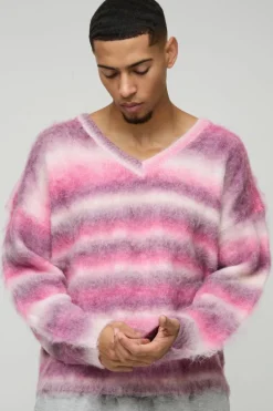 Sale boohooMAN Oversized Boxy Brushed Stripe V Neck Knitted Jumper pink