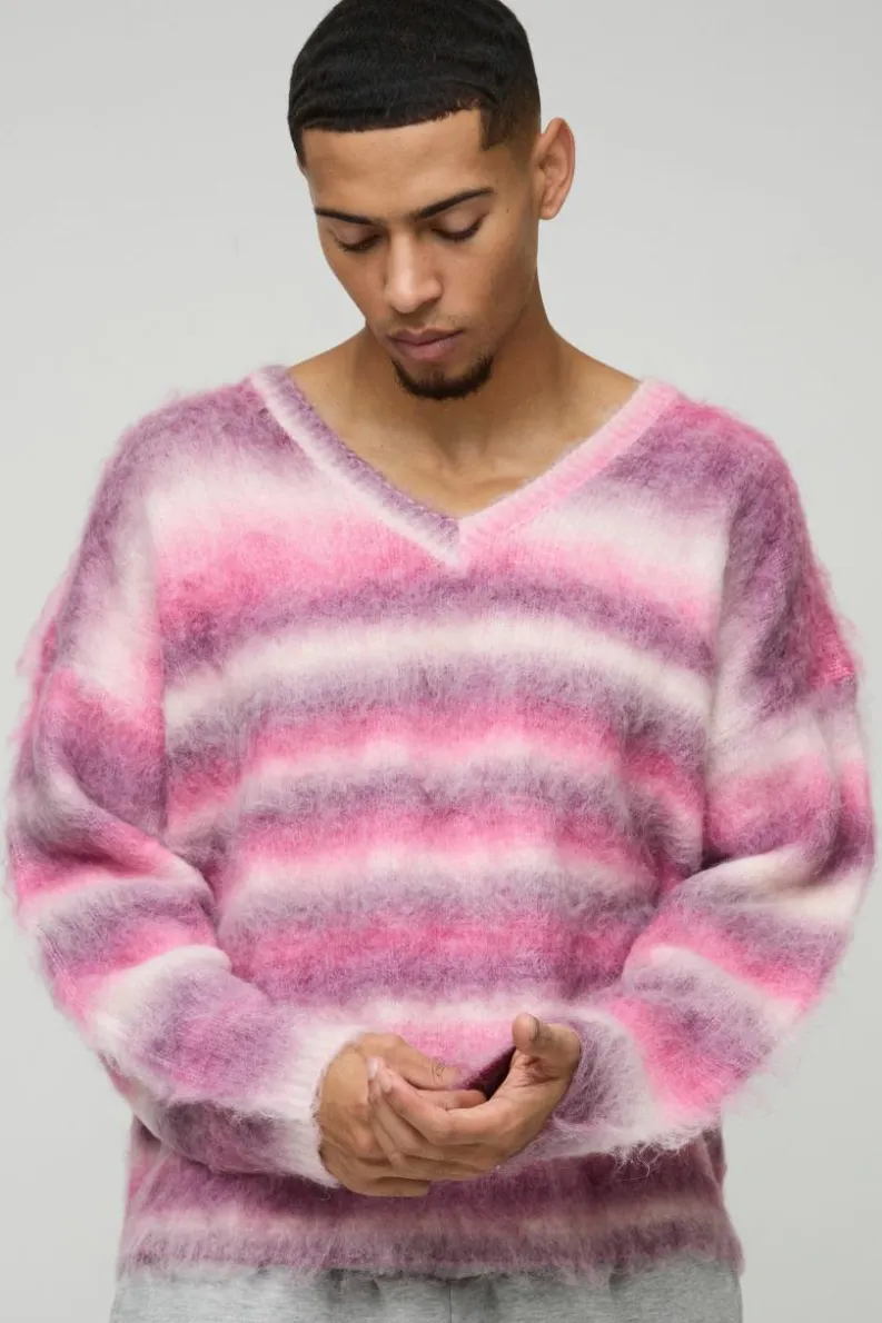 Sale boohooMAN Oversized Boxy Brushed Stripe V Neck Knitted Jumper pink