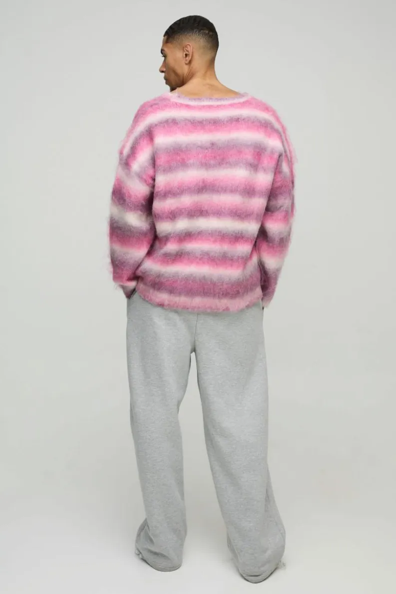 Sale boohooMAN Oversized Boxy Brushed Stripe V Neck Knitted Jumper pink