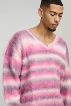 Sale boohooMAN Oversized Boxy Brushed Stripe V Neck Knitted Jumper pink