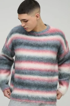 Store boohooMAN Oversized Boxy Brushed Stripe Knitted Jumper purple