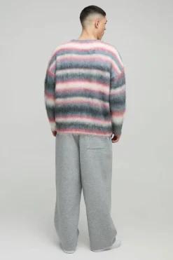 Store boohooMAN Oversized Boxy Brushed Stripe Knitted Jumper purple