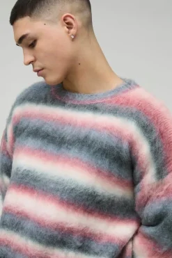 Store boohooMAN Oversized Boxy Brushed Stripe Knitted Jumper purple