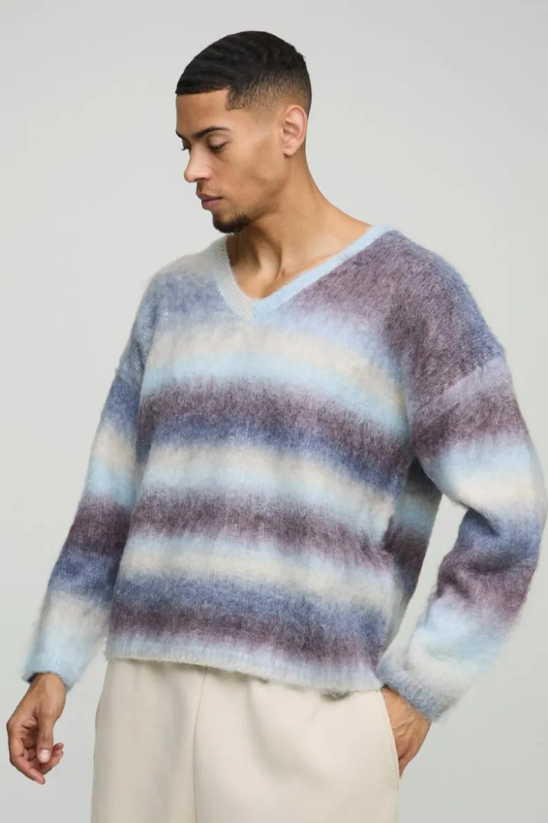 Flash Sale boohooMAN Oversized Boxy Brushed Stripe V Neck Knitted Jumper brown